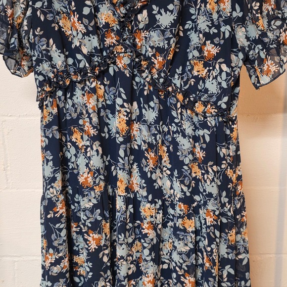 Floral Tiered Maxi Dress Navy Blue Brown Ruffle V-Neck Flutter Sleeve Size XL - Picture 5 of 10